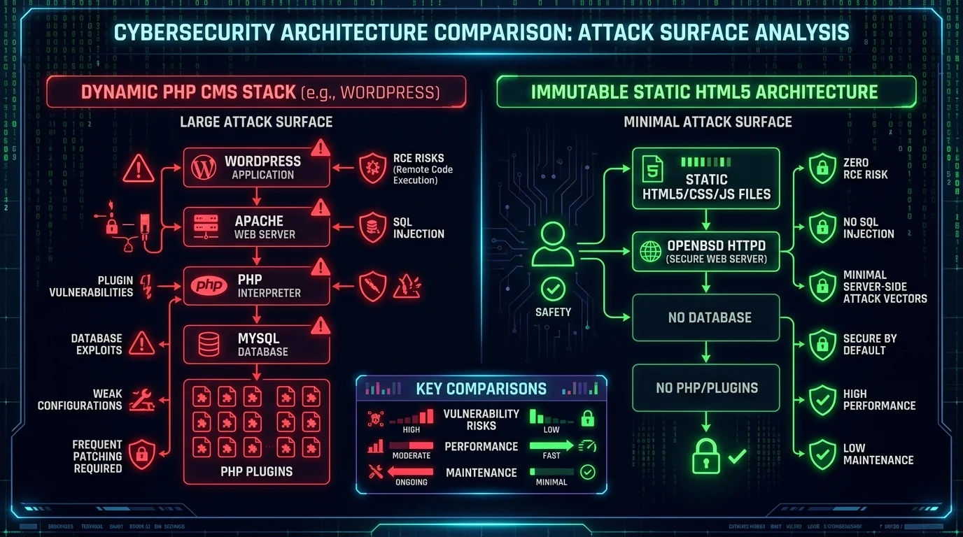 Comparativa de Arquitectura de Seguridad: CMS Dinámico vs Borde Estático Inmutable